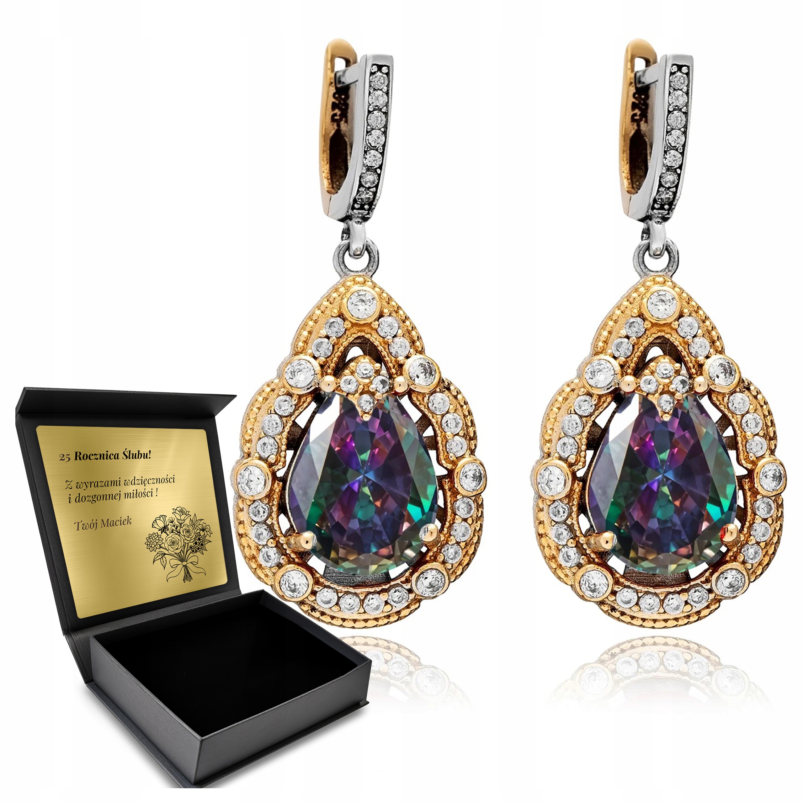 Stříbrné Náušnice 925 Zirkony Topaz Dárek pro ženu Gravírování Bonus