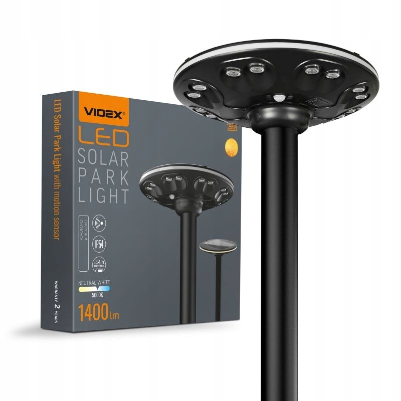 Parková solárna Led lampa Videx IP54 5000K 1400lm snímač pohybu diaľkové ovládanie