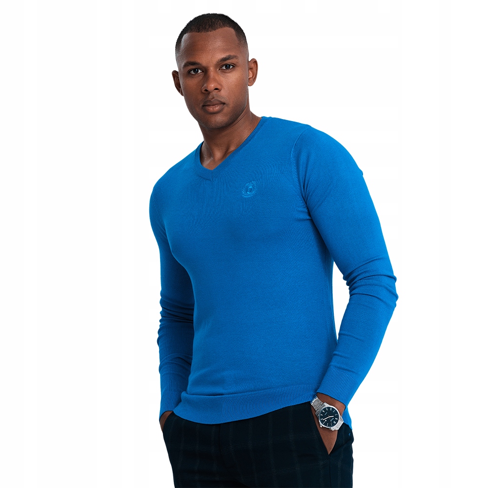 Klasický pánský svetr s modrým výstřihem do V-neck V19 OM-SWBS-0107 XL