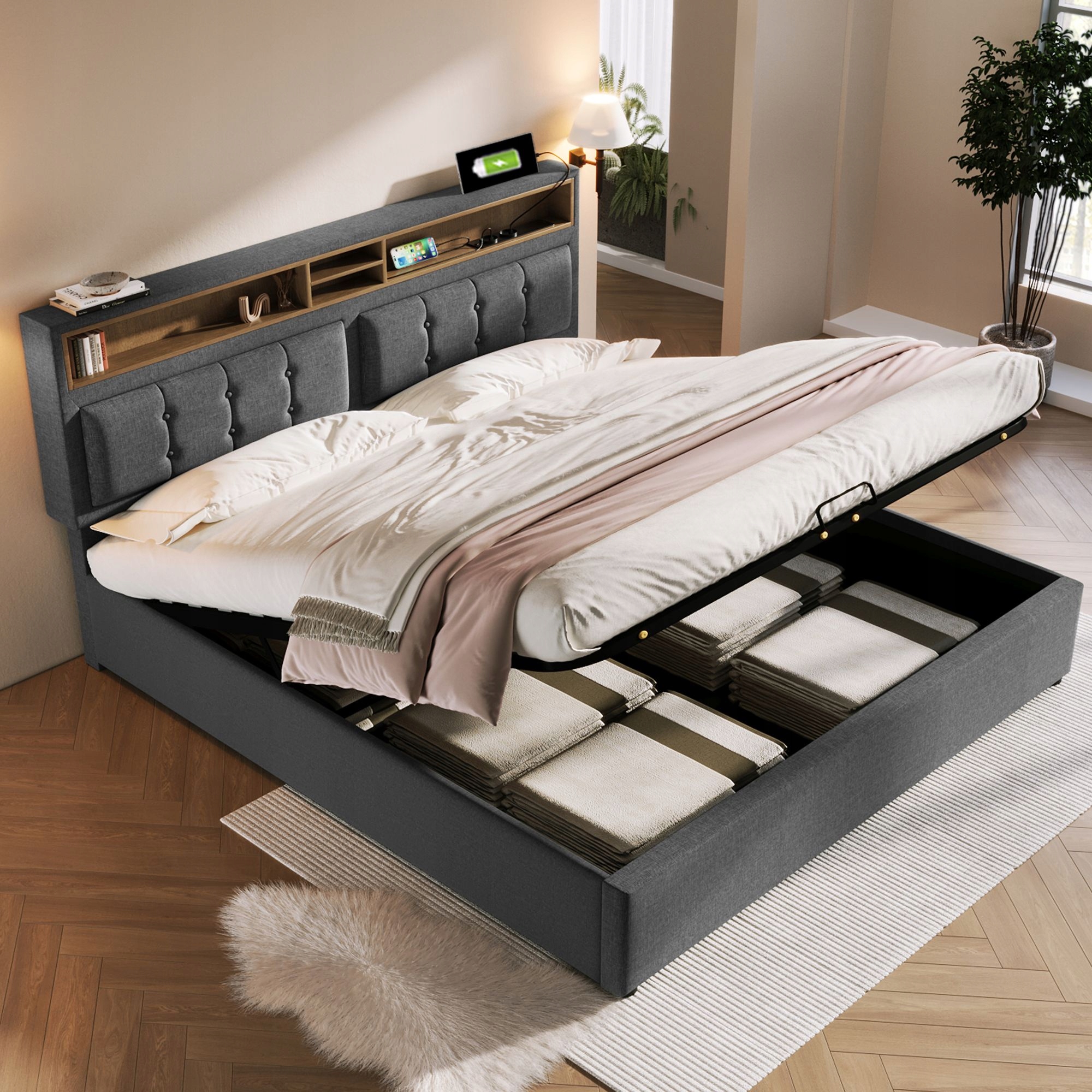 Čalouněná postel Dvoulůžková postel Usb C 160 x 200 cm lenově šedá Matrace
