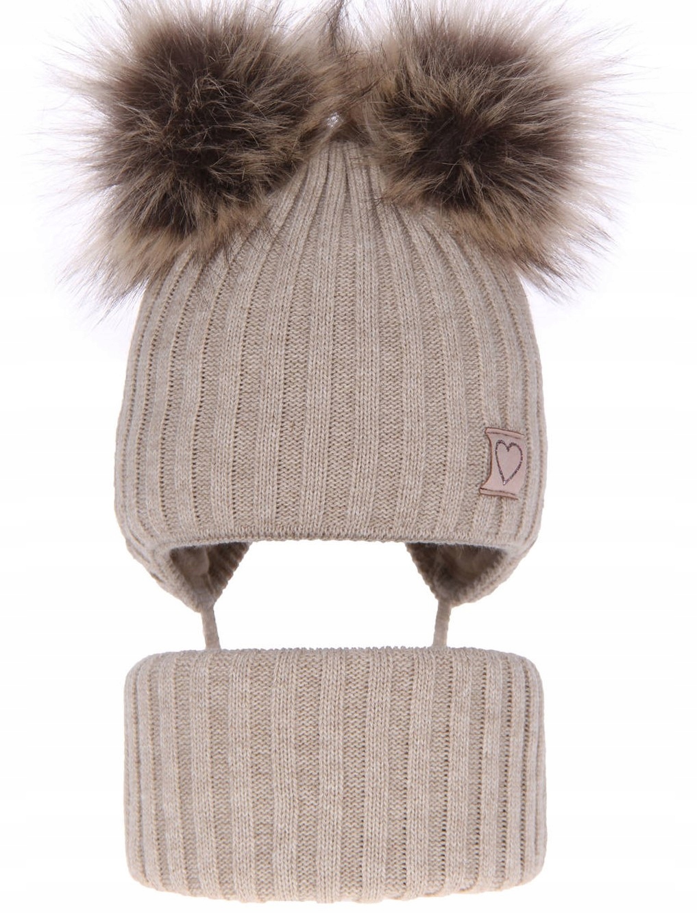 

52-54 Beżowy Komplet Czapka Wiązana i Komin