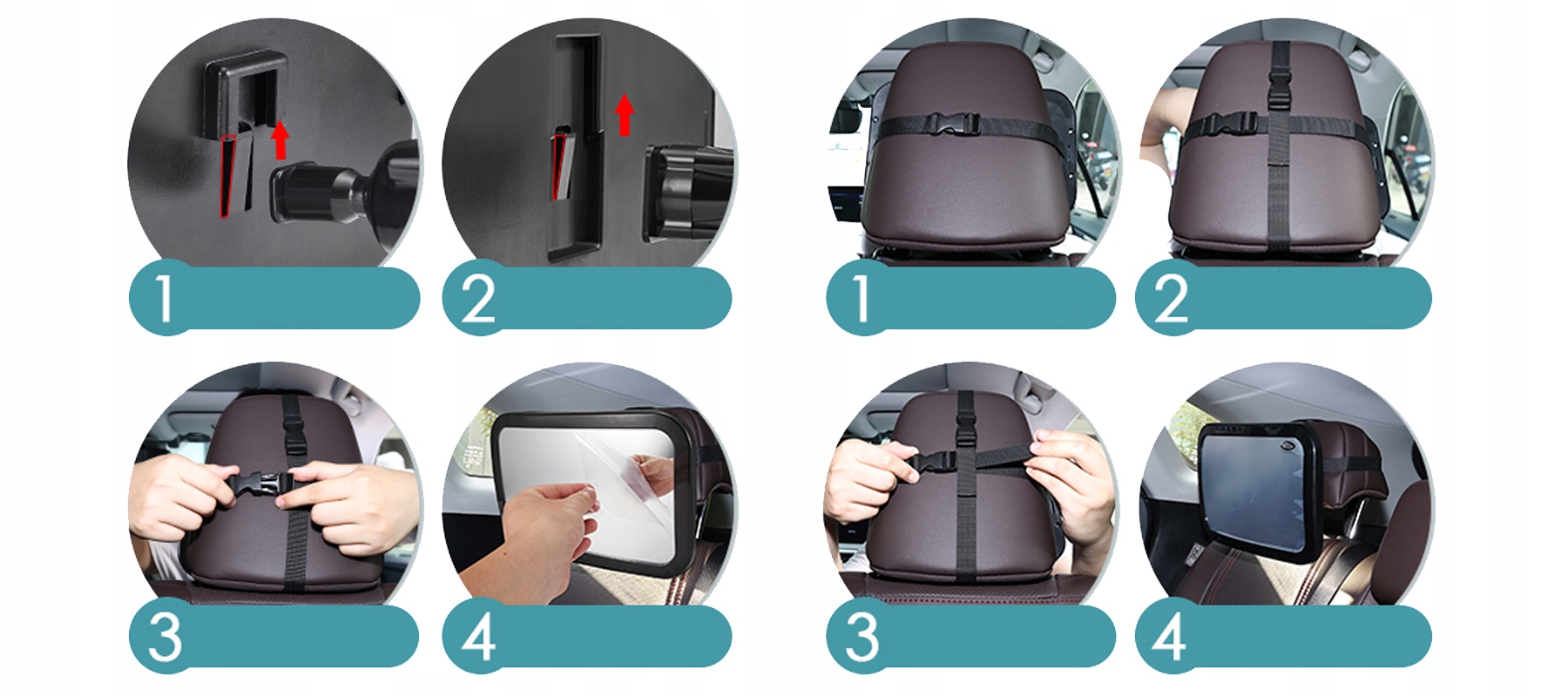 LUSTERKO DO OBSERWACJI DZIECKA W SAMOCHODZIE AUCIE REGULOWANE SIPO Sposób montażu nakładane na zagłówek