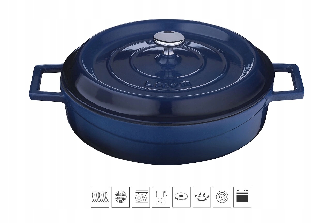Liatinový hrniec nízky okrúhly 28 cm modrý