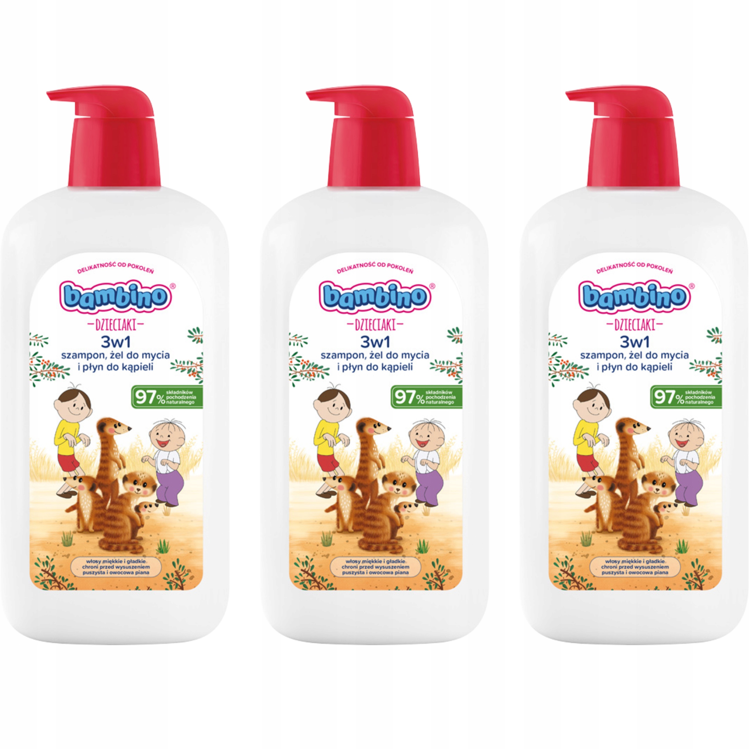 3 x Bambino Děti Gel na mytí těla a vlasů 3v1 Surikaty 1000 ml