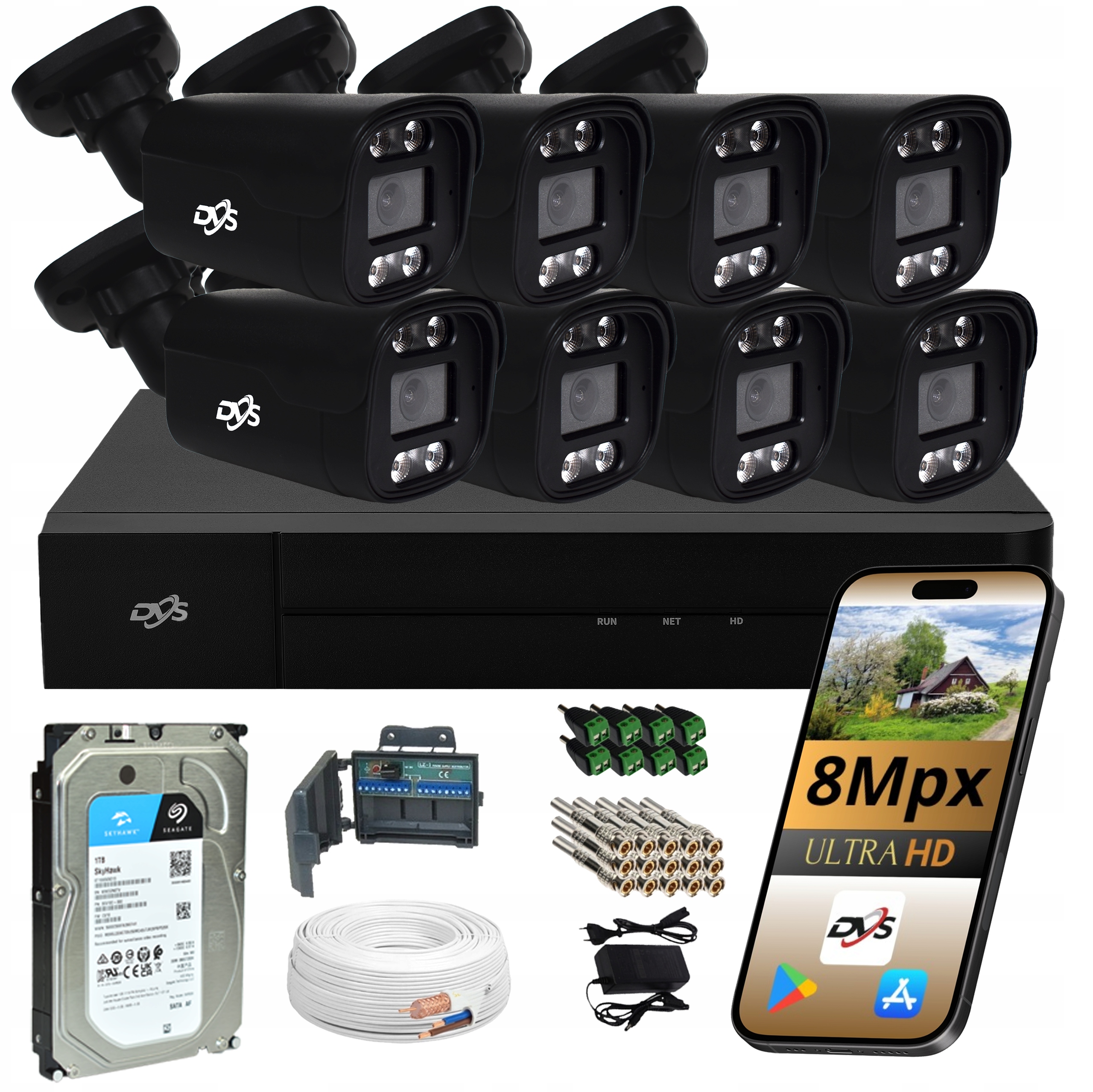 Kompletný Monitorovací Set 8 Kamier 8MPX 4K Čierne Led Osvetlenie