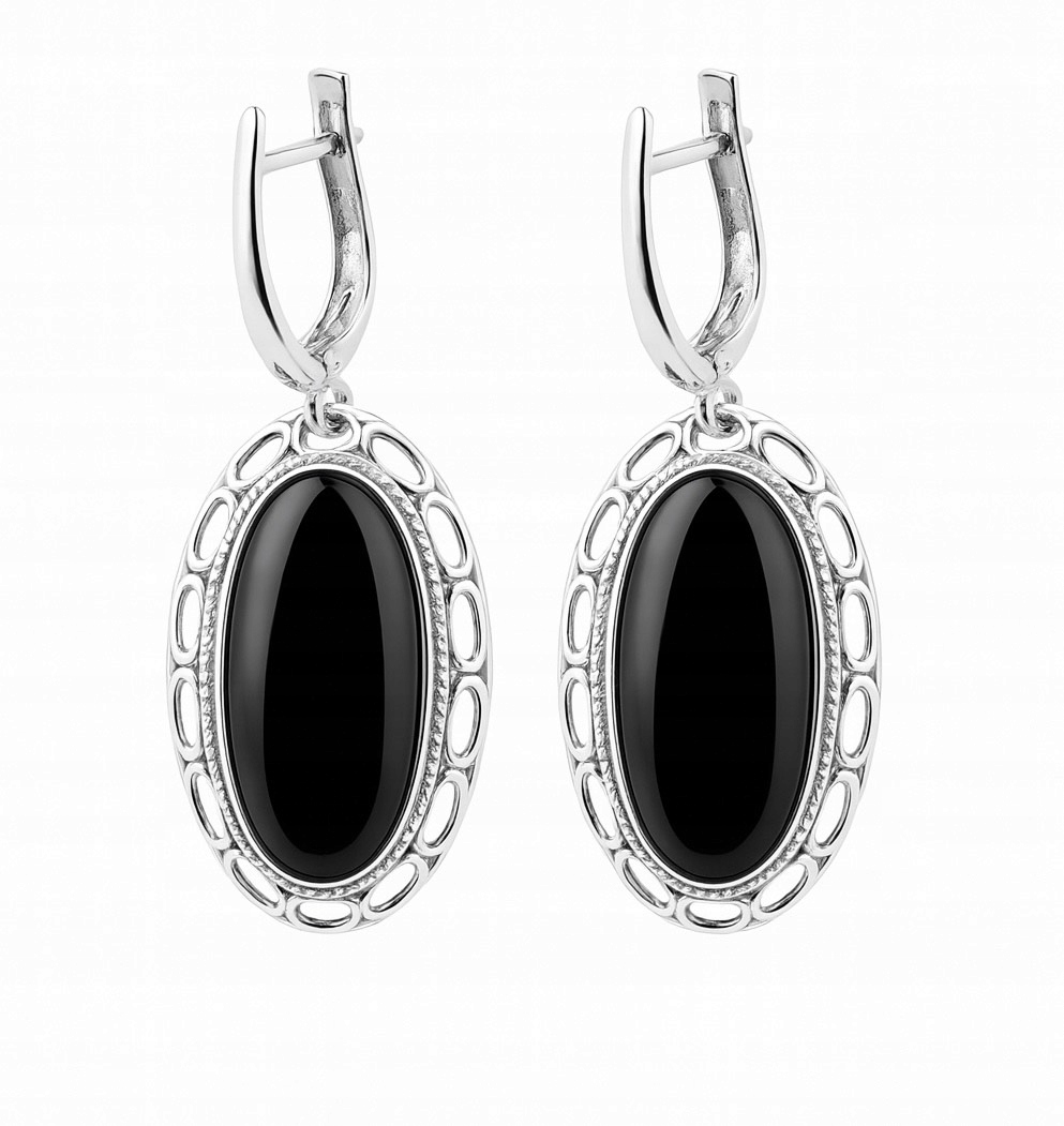 Stříbrné Náušnice Houpací Dlouhé 925 Onyx K675
