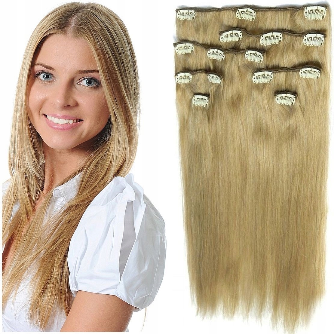 Příčesek Do Vlasů Clip-in 50 CM 140 G Megahusté Přírodní 8 Pásků blond 16