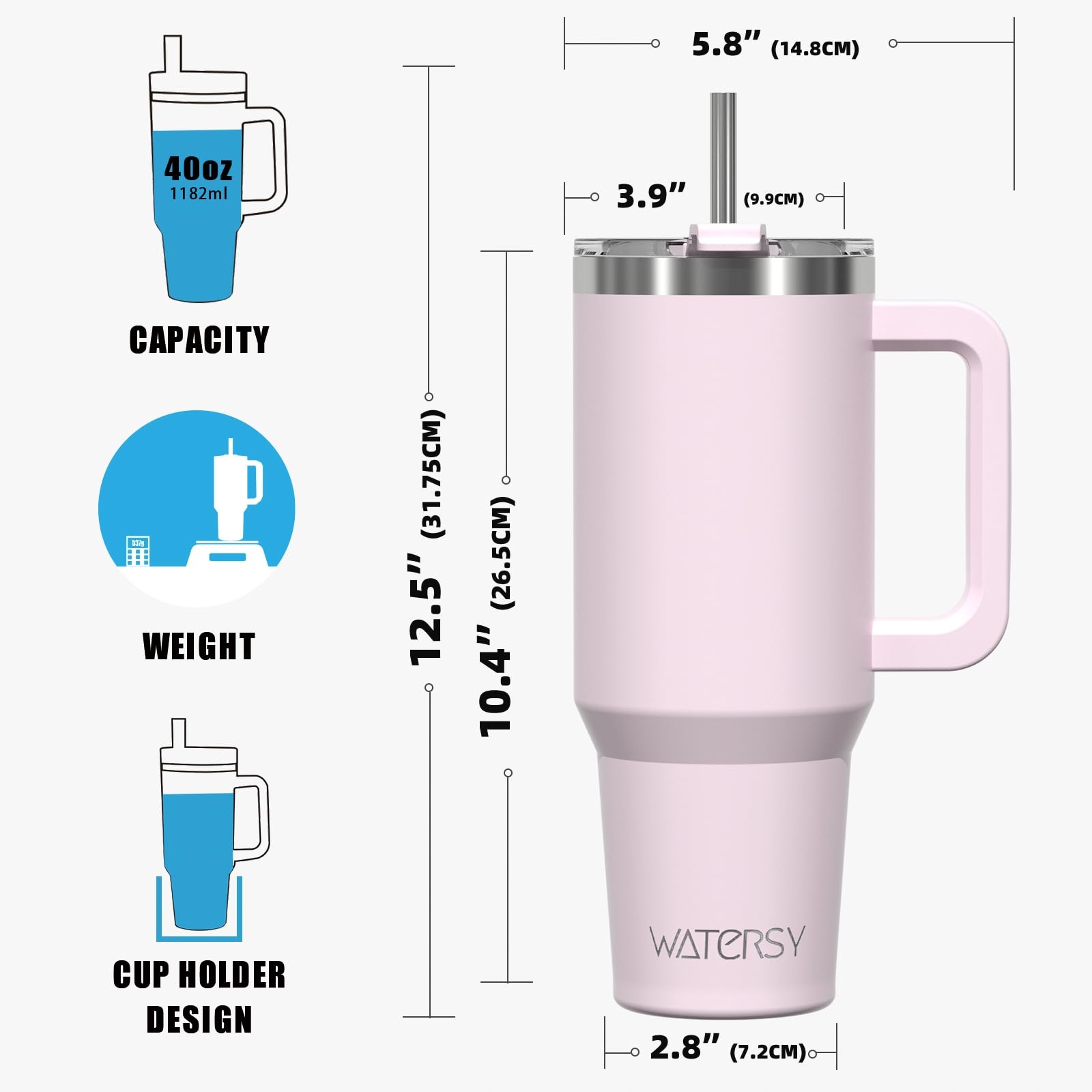 WATERSY KUBEK TERMICZNY 1182ML STAL NIERDZEWNA Z UCHEM I SŁOMKĄ RÓŻOWY — miniatura 9