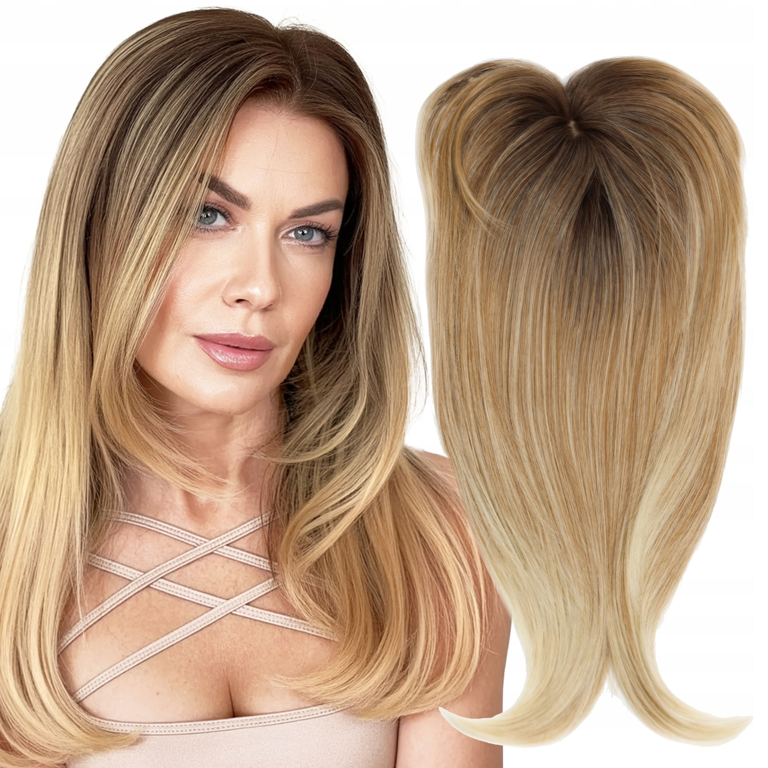Topper Tupet Pełne Uzupełnienie Włosów Syntetyczne Clip In Ombre Blond 50cm