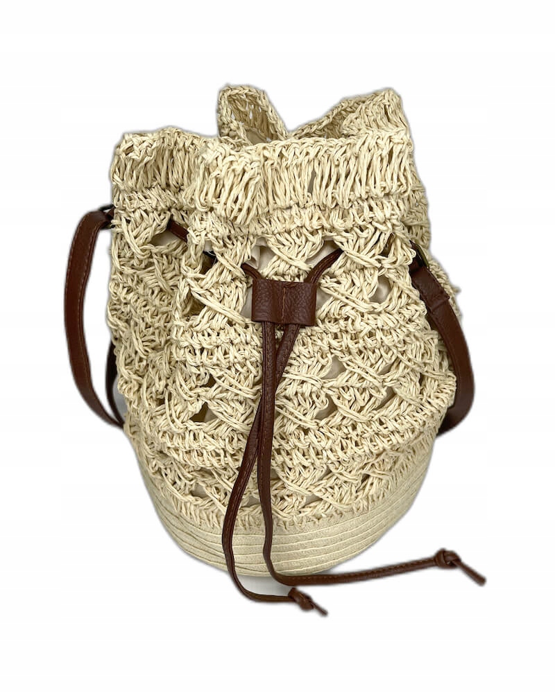 Torebka Damska Słomiana Ażurowa Worek Boho Beżowa