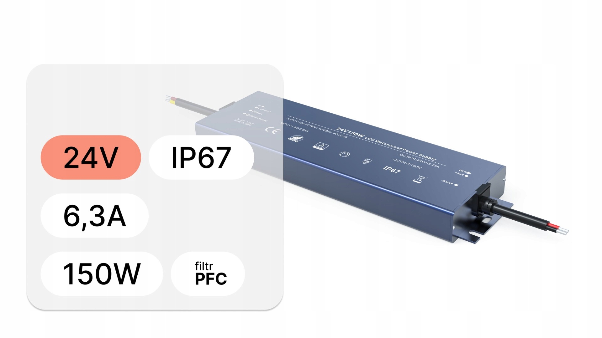 Napájecí zdroj pro Led, vodotěsný, řada D 24 V IP67 6,3 A 150 W