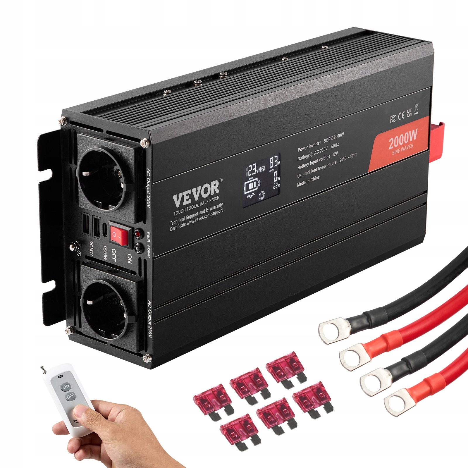 Menič napätia 5000 W, 12 V/230 V, čistý sínus, s diaľkovým ovládaním, LCD, Usb
