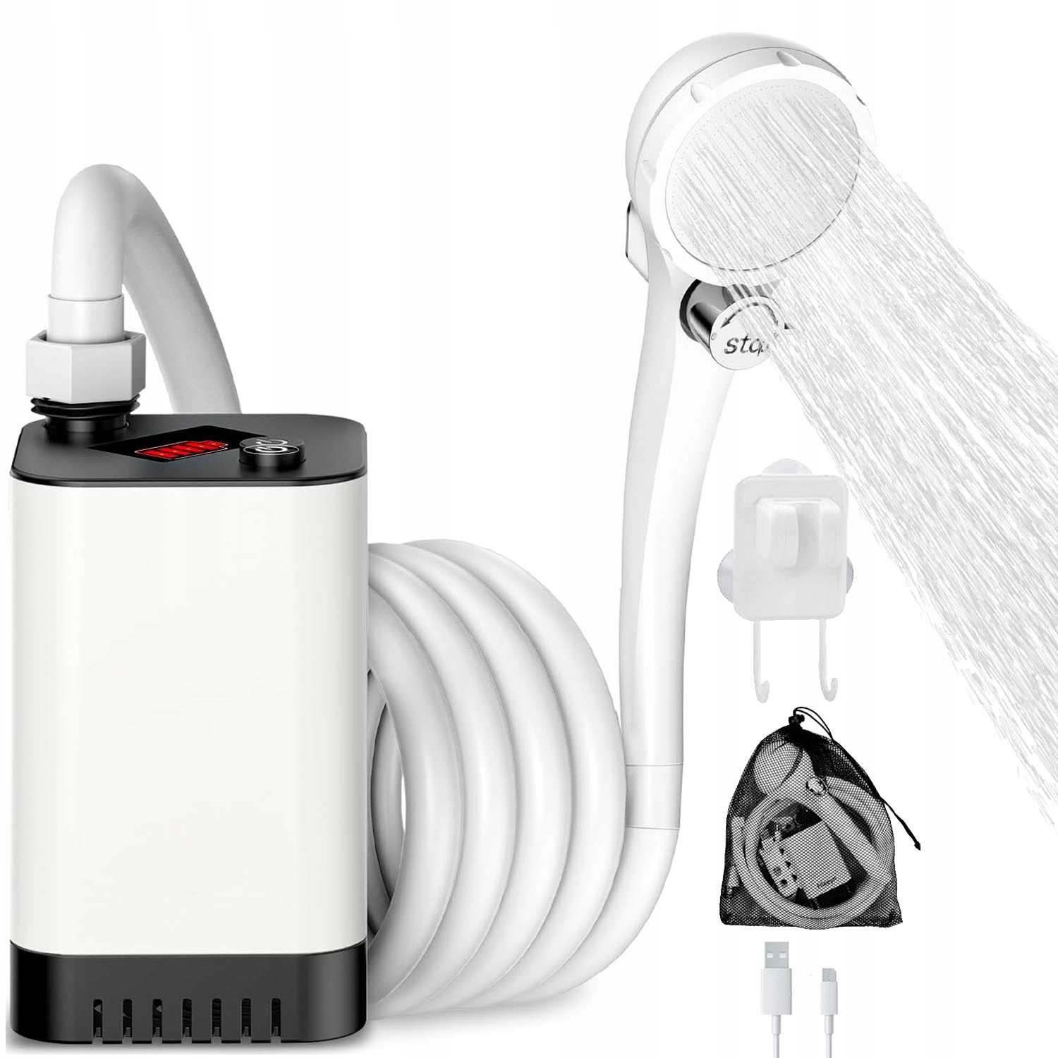 Prysznic Turystyczny Z Pompką Przenośny Prysznic Kempingowy Z Haczyk Biały