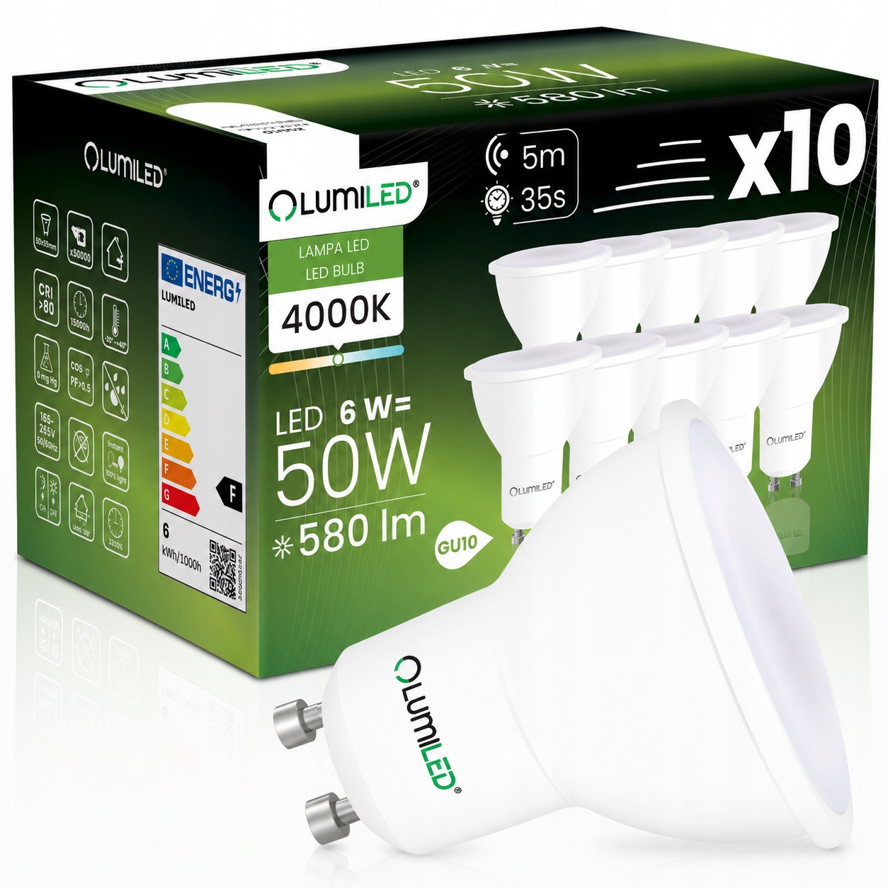 10x Led Žárovka GU10 PAR16 6W 50W 580LM 4000K 120° Senzor Pohybu Lumiled