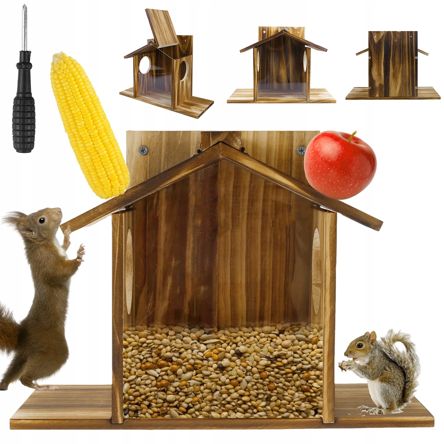 Levně Krmítko Pro Veverky Z Borovice S Průhledným Oknem Do Zahrady