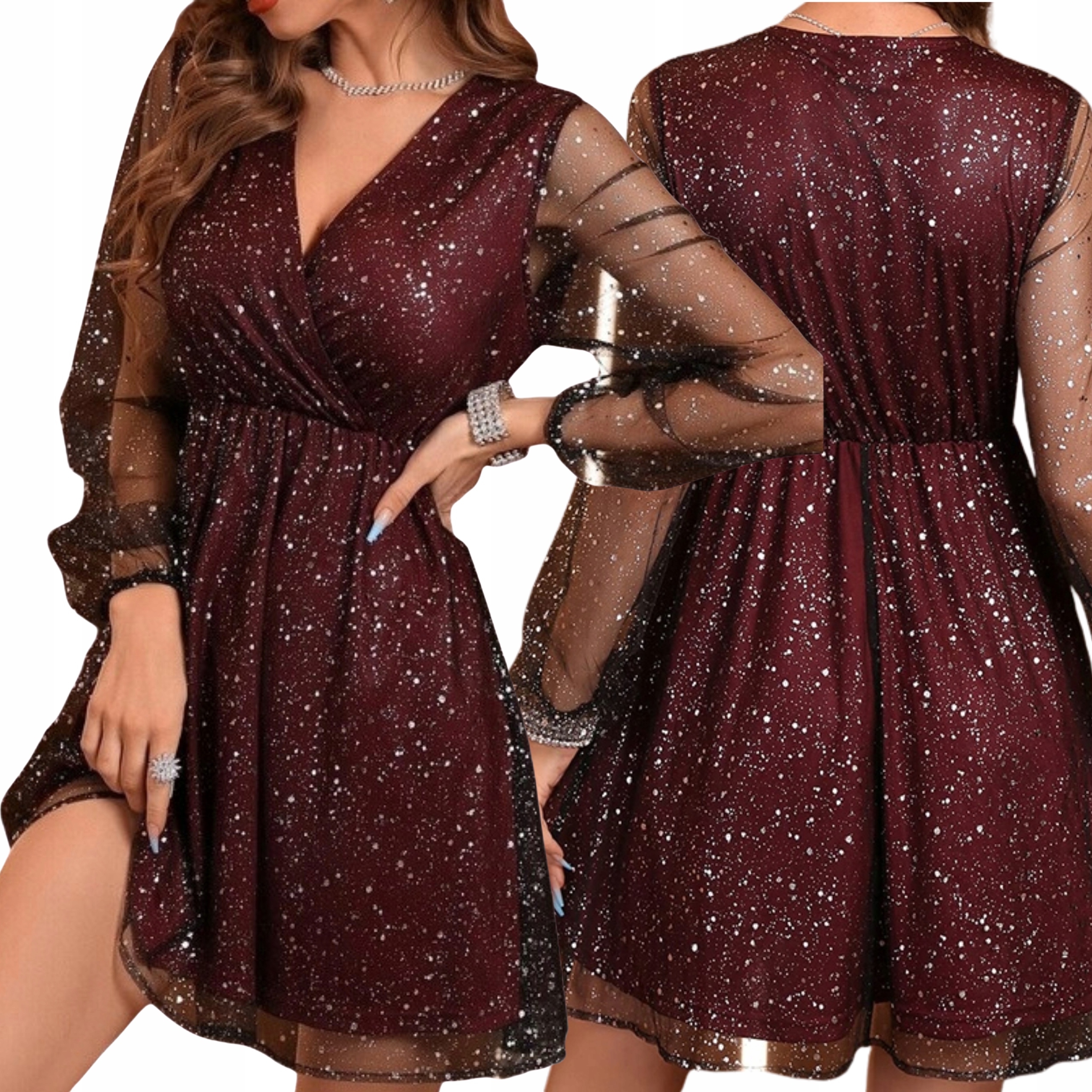 Sukienka damska wieczorowa połyskująca błyszcząca bordowa midi