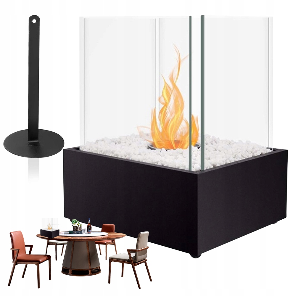 Mini Stolní Krb Se 4 Skleněnými Panely, Ocelová Základna, Černá Barva