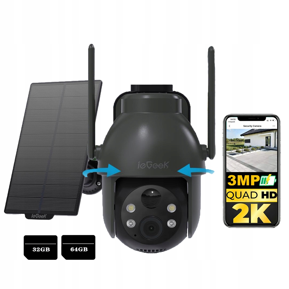 Solární otočná kamera 4x Zoom 2K Pir detekce těla s pamětí na karty