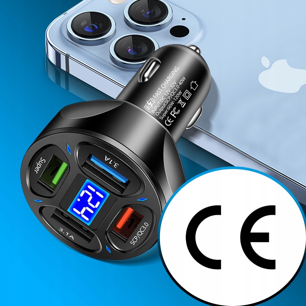 MOCNA SZYBKA ŁADOWARKA SAMOCHODOWA 4x USB PD QC 3.0 66W DO TELEFONU DO AUTA Kolor czarny