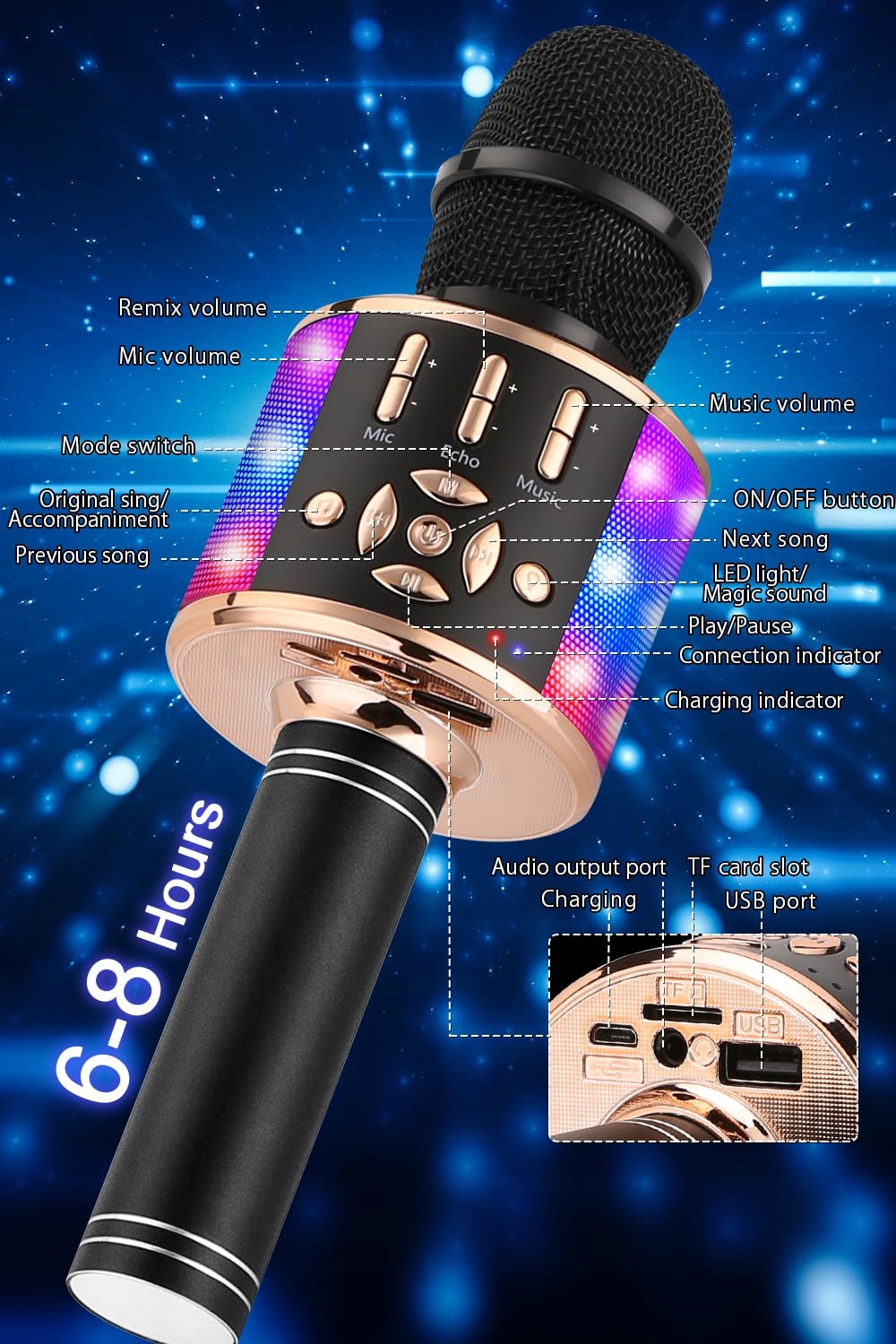 BONAOK Mikrofon Dla Dzieci Bezprzewodowy Karaoke Bluetooth 4w1 Czarnozłoty — miniatura 6