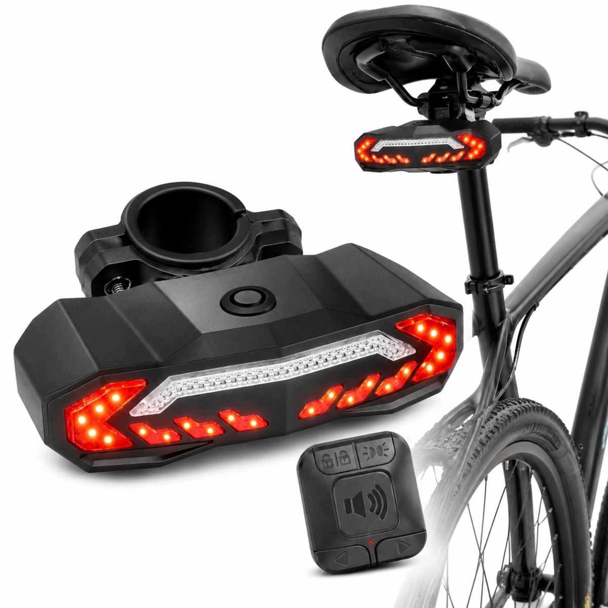 Lampka Led Tylna Rowerowa Z Kierunkowskazami, Alarmem I Pilotem