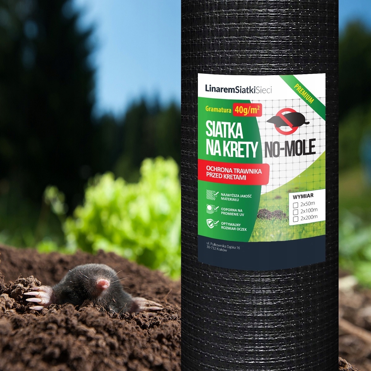 SIATKA NA KRETY 2x100m PREMIUM 40g POD TRAWNIK PRZECIW KRETOM POLSKA +KOŁKI Kod producenta 5902838395103