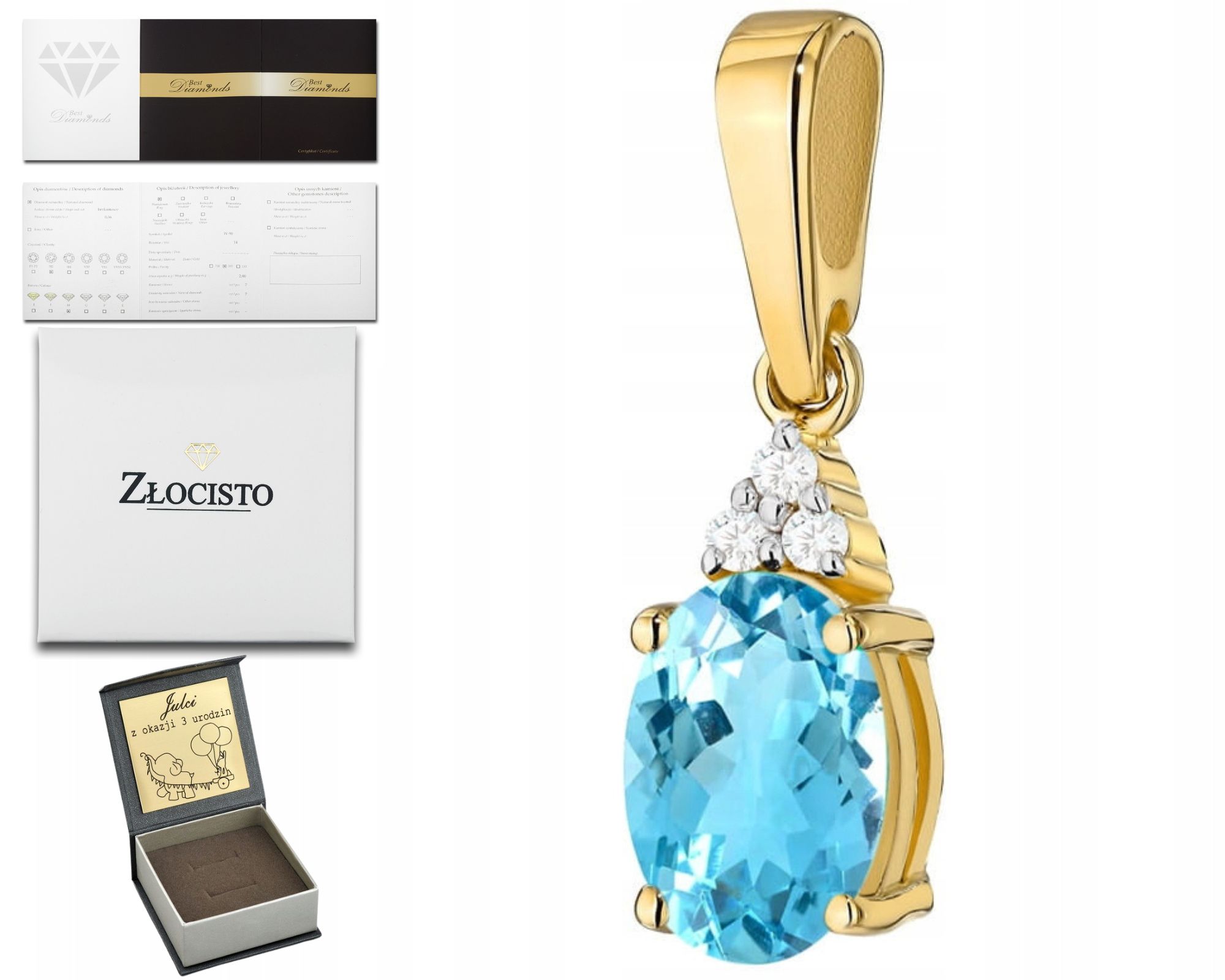 Zlatý Přívěsek S Přírodním Kamenem Topaz Modrý A S Briliantem 585