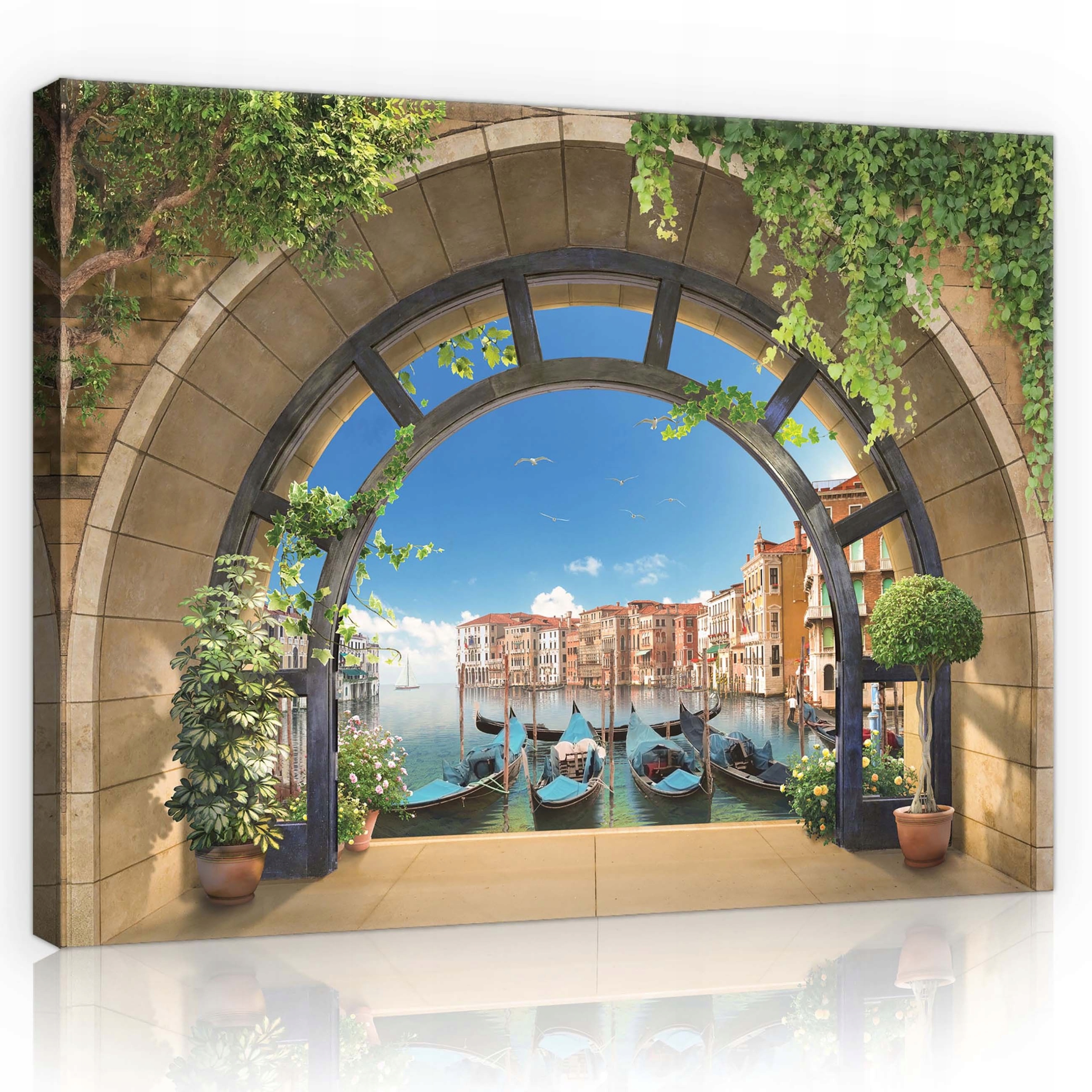 Obraz 80x60 Benátky kanál gondoly arkáda květiny nebe slunce