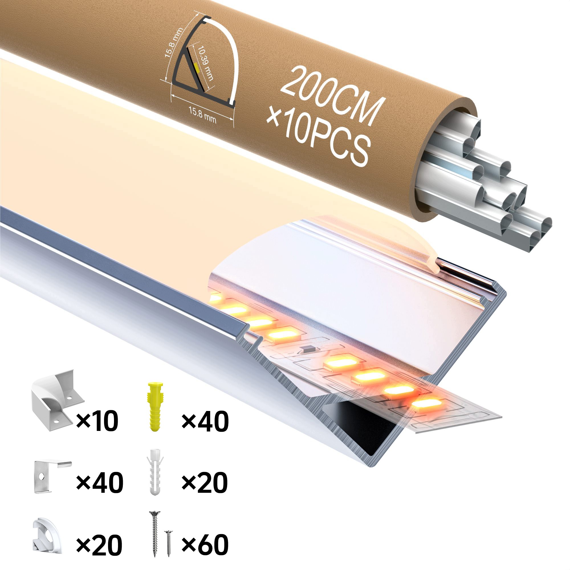 Zapuštěný Hliníkový Led Profil Pro Sádrokarton S Krytem, 2M, Šířka 15,8 MM – Sada 10 Kusů