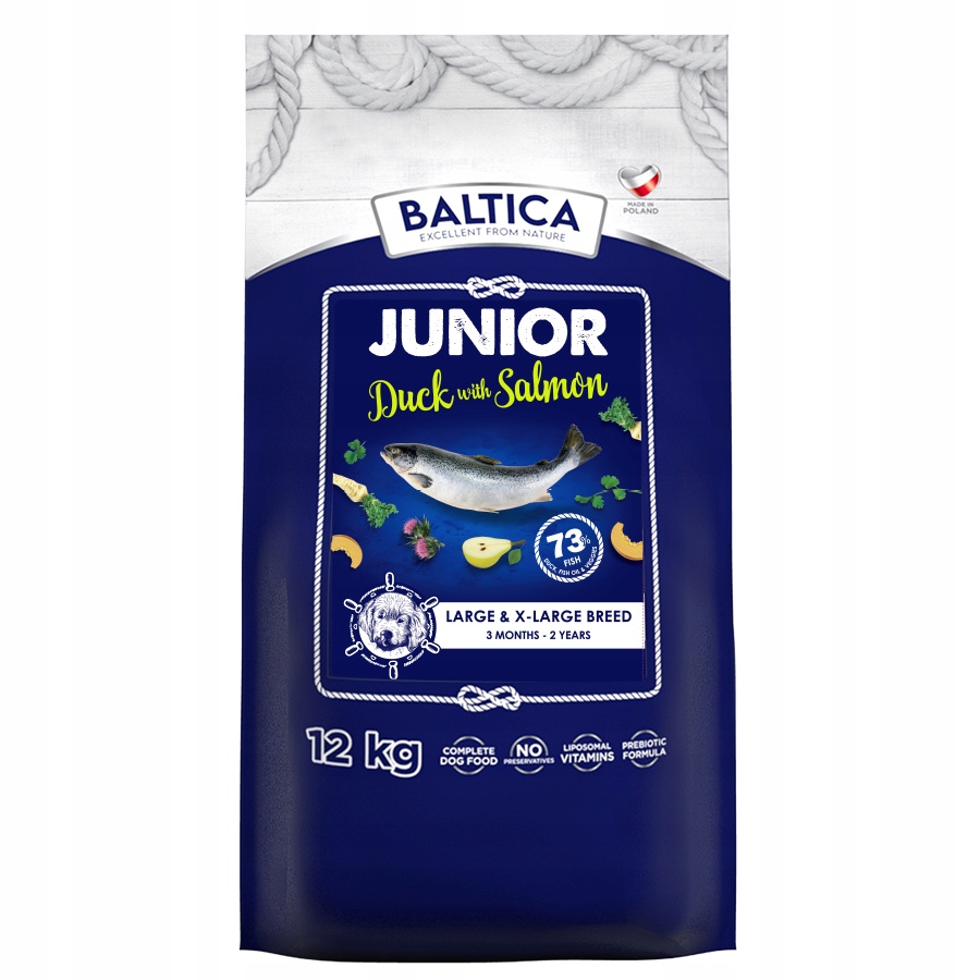 Levně Baltica Junior Kachna Losos L/XL 12 kg Bezobilné suché Krmivo pro štěňata