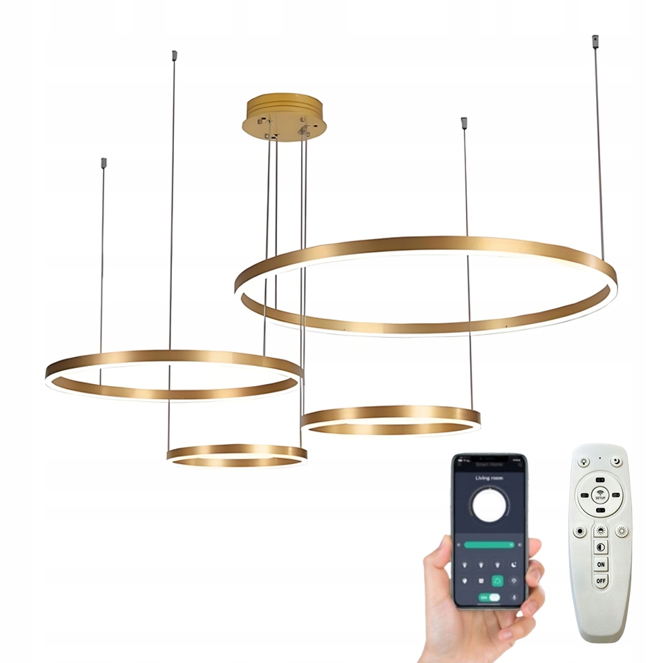Lampa Wisząca Sufitowa Żyrandol Led Ring Salonu Złota Nowoczesna Z Pilotem