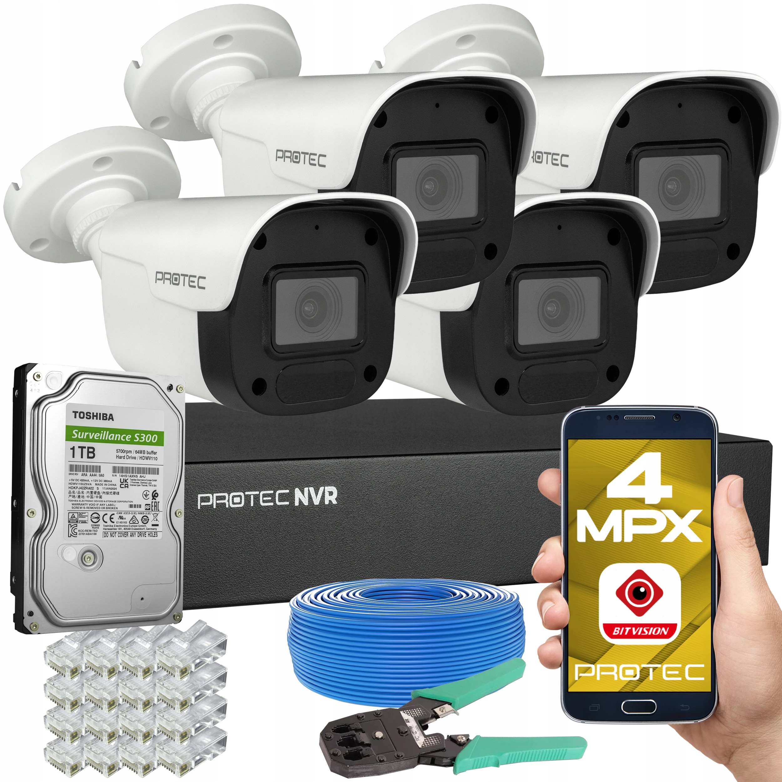 Monitoring cyfrowy IP 4 kamery 4Mpx PoE wbudowany mikrofon podgląd online