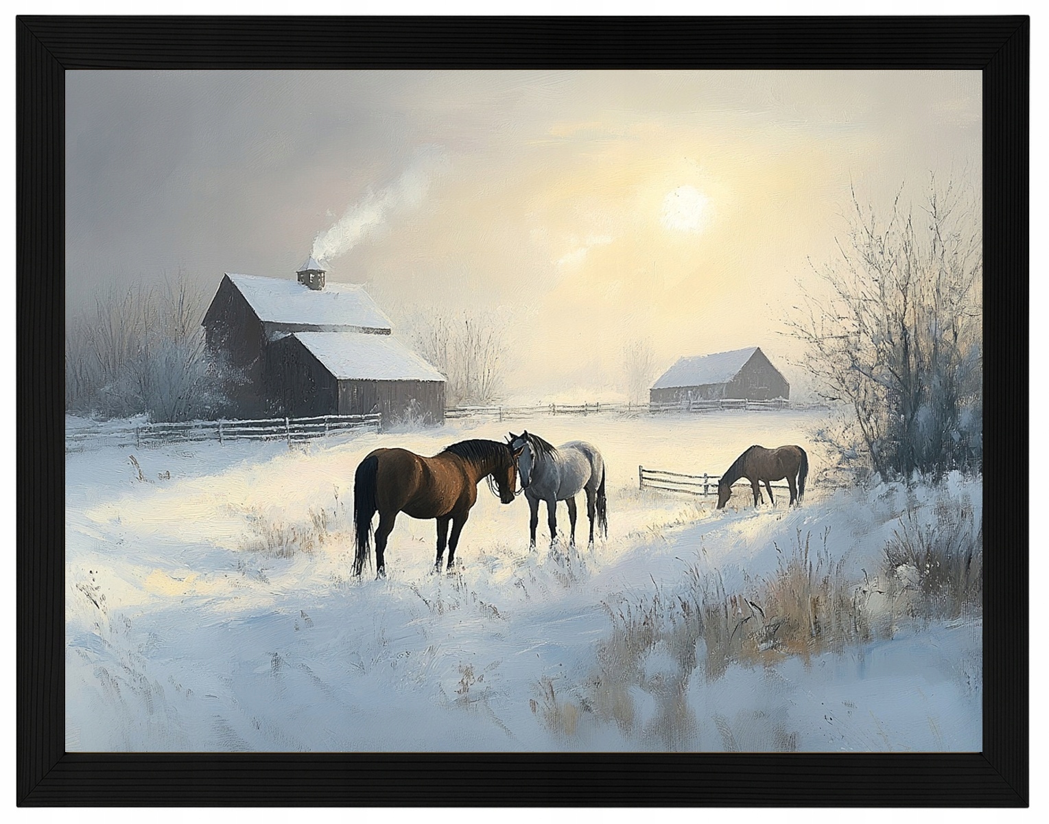 Plakát Rámeček Dřevo Krajina Polsko Zima Sníh Mráz Vesnice Kůň Koně 80x60