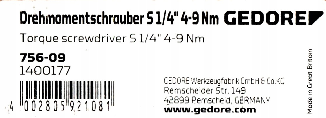 GEDORE WKRETAK DYNAMOMETRYCZNY S1 4 4 9Nm Producent code 1400177
