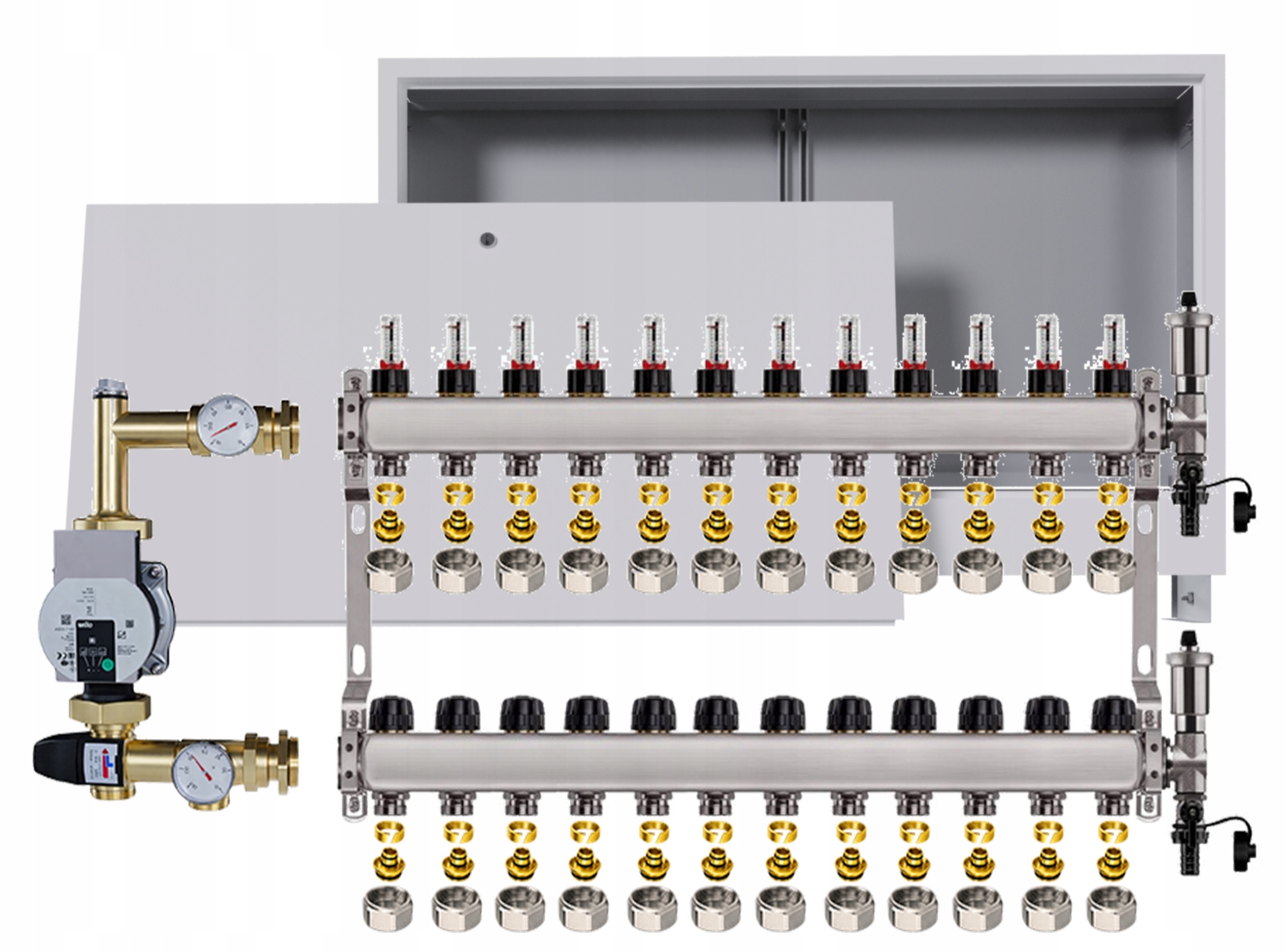 Nerezový rozdělovač pro podlahovku 12, podomítková skříňka Pompa Wilo +pex