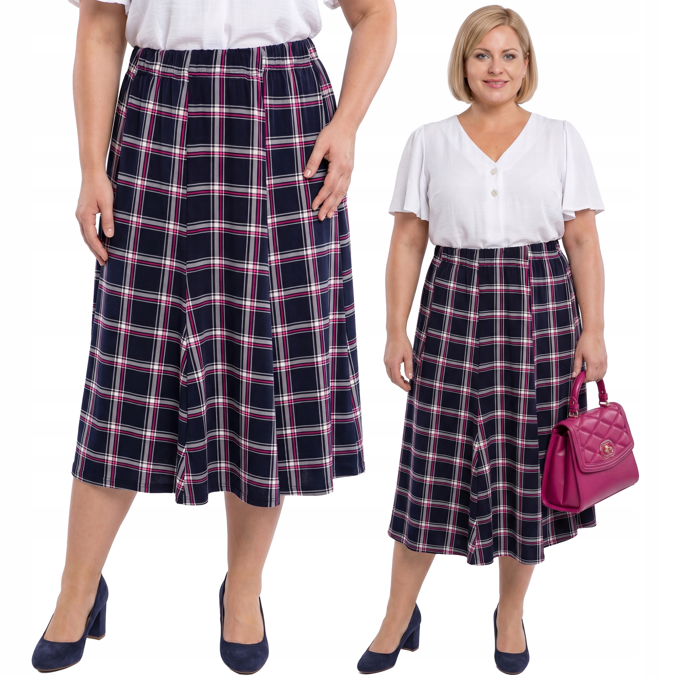 Tmavě modrá sukně šedo-růžová s kostkou plus size velikost 52/54