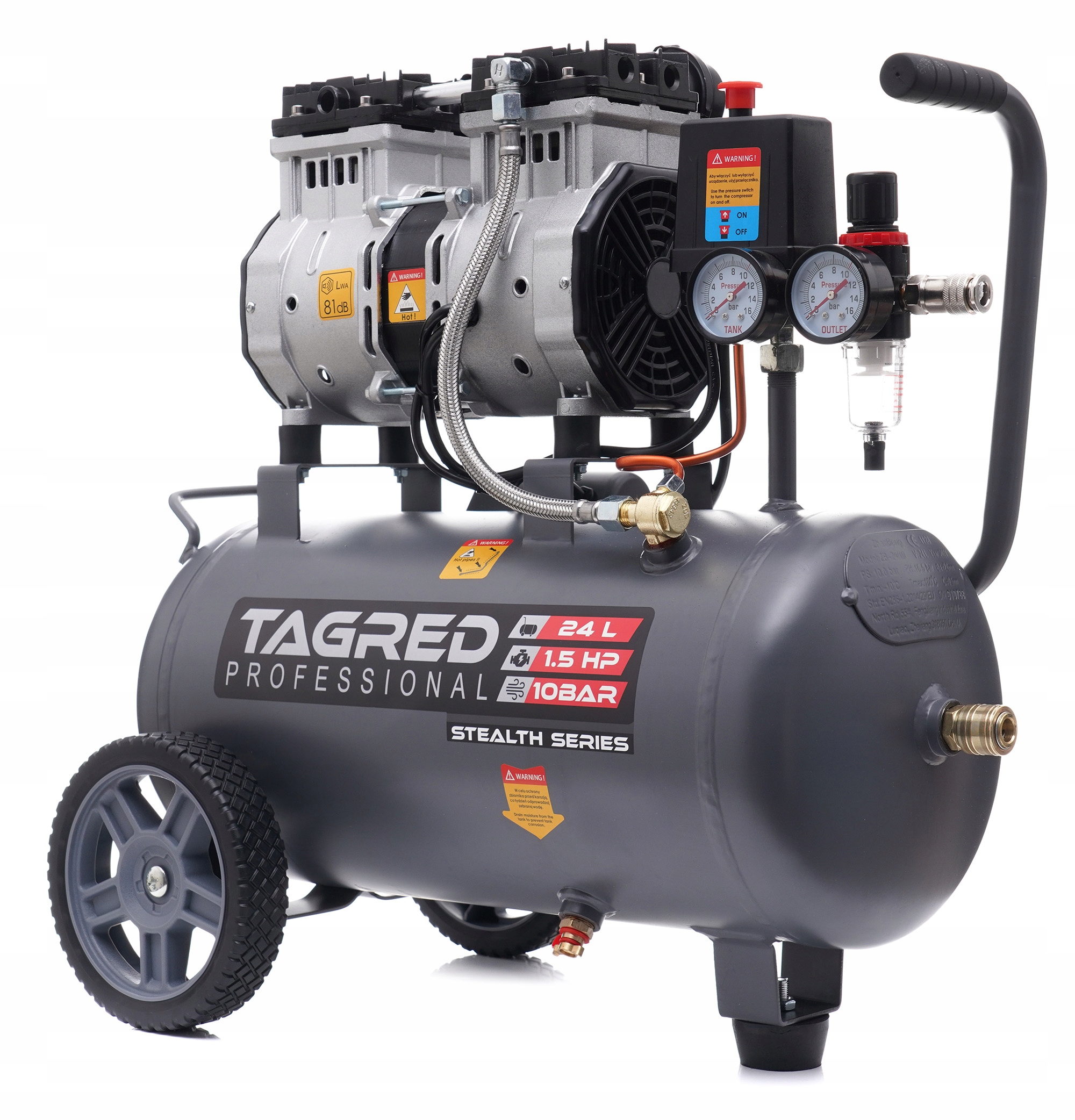 SPRĘŻARKA KOMPRESOR BEZOLEJOWY 24L R2 10 BAR CICHY + ZESTAW 6w1 Marka Tagred
