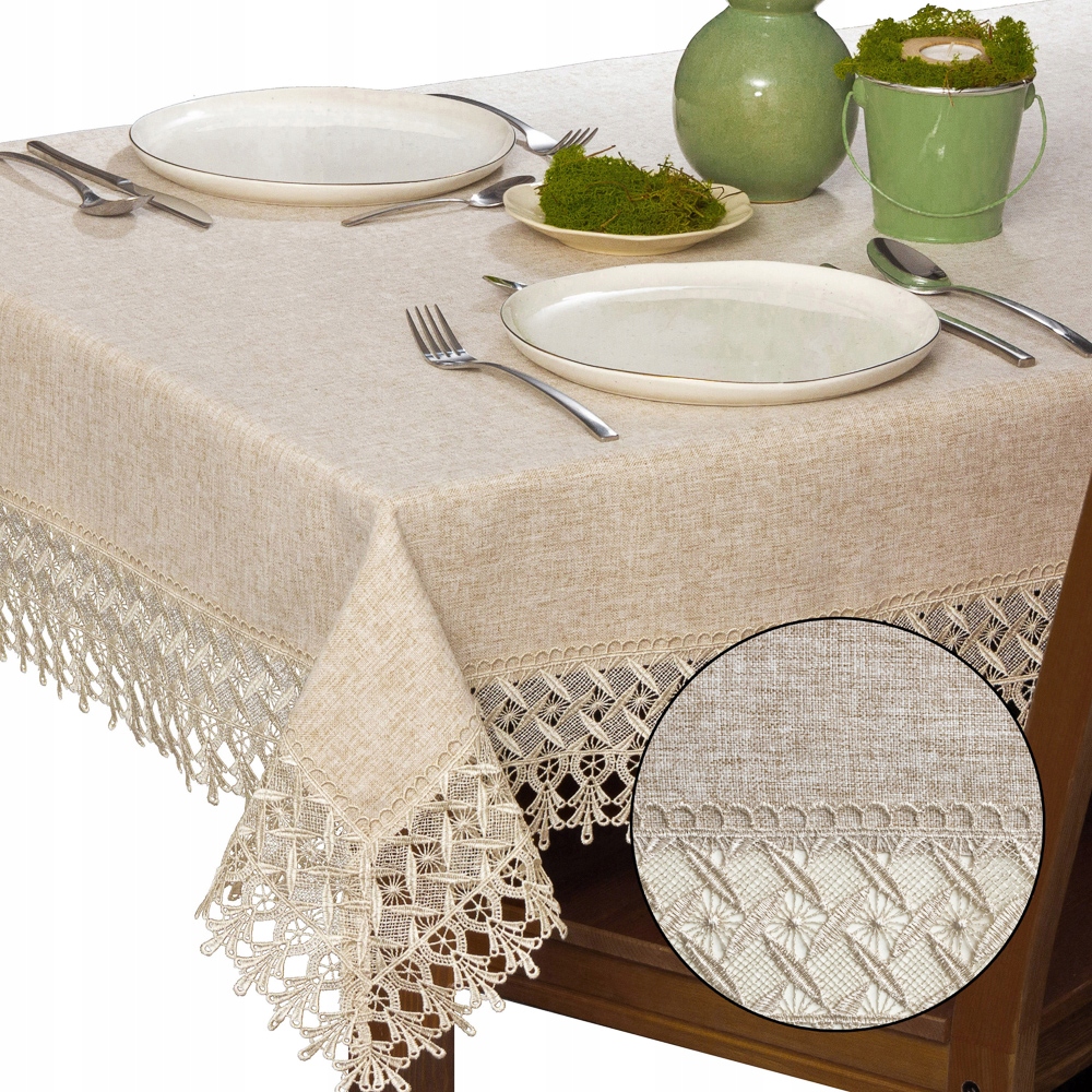Obrus beżowy Jasny Brąz gładki Koronka Gipiurowa 140x220 cm prostokąt