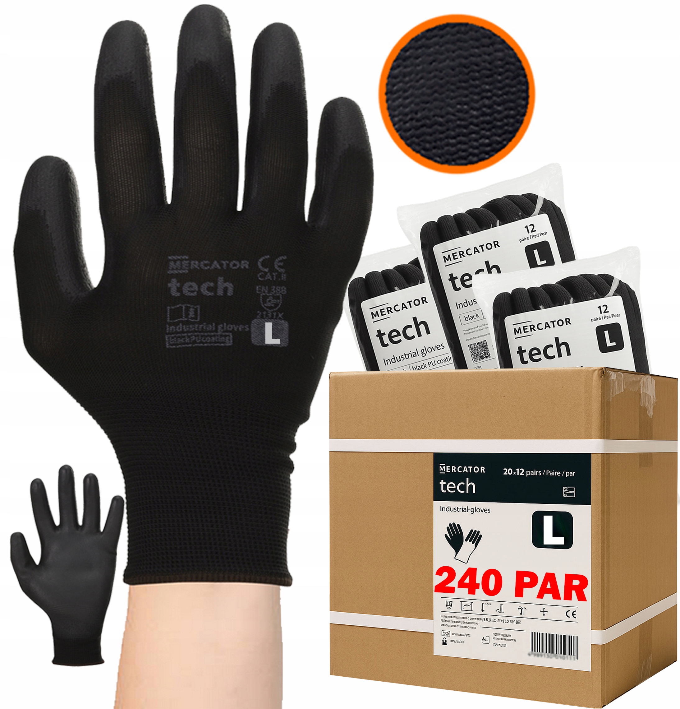 240 x Pracovní Rukavice přizpůsobené dlani Mercator Black+Black Stahovák vel. L