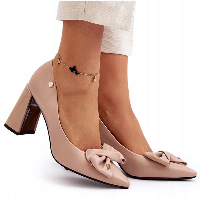 Lodičky Na Podpatku S Mašlí, Eko Kůže, Špičky, Béžové, Velikost 37