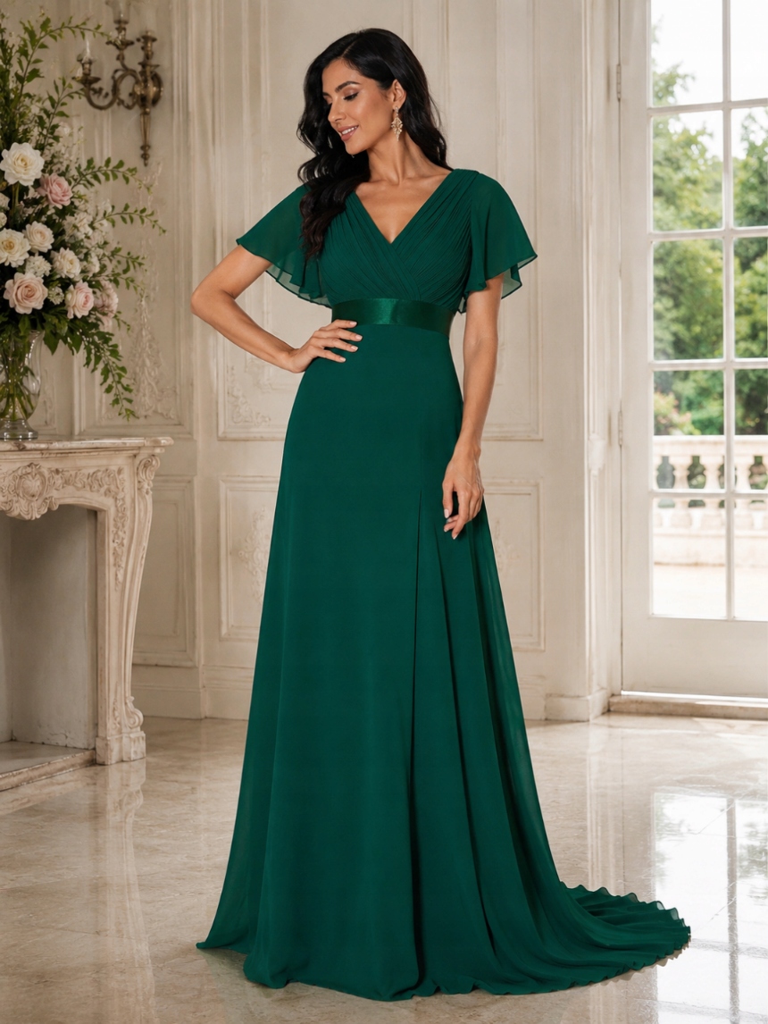 Zelené Šaty Maxi Plisované Elegantní Svatební Hostina Večerní Ples S