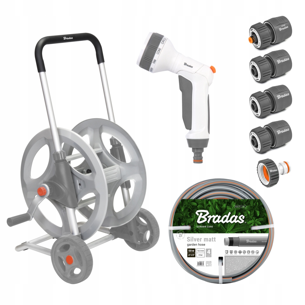 Metalowy wózek z wężem 1/2" 50m i akcesoriami Silver Pro Set White Line