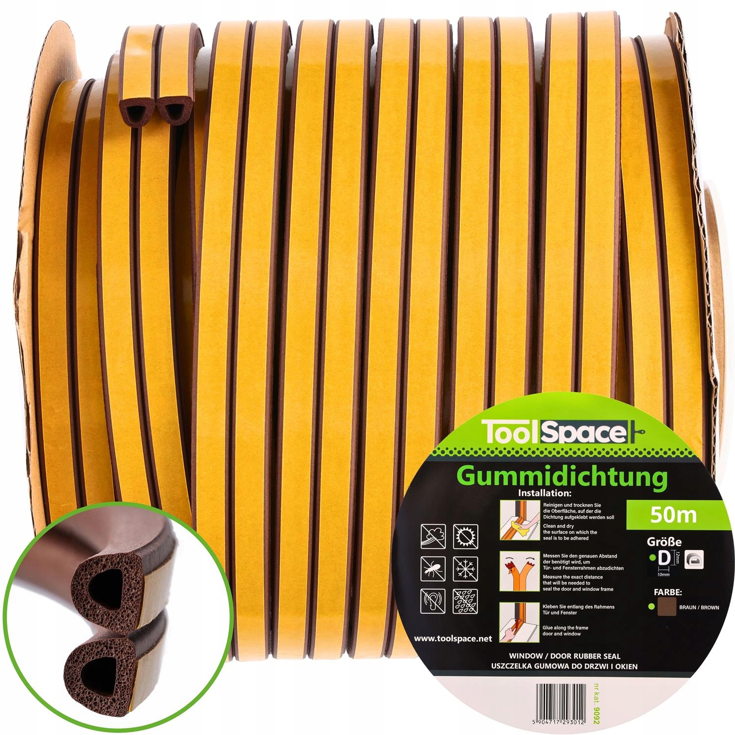 Garážové těsnění na dveře a okna D 12x10 bronz 50 m, gumové, samolepicí