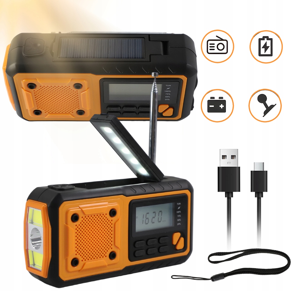 4000MAH Rádio Dab+ S Solárním Panelem A Oranžovo-černou Svítilnou