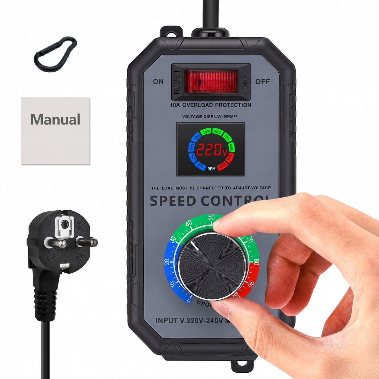 Regulator obrotów silnika 220V 10A z gniazdem europejskim i wyświetlaczem