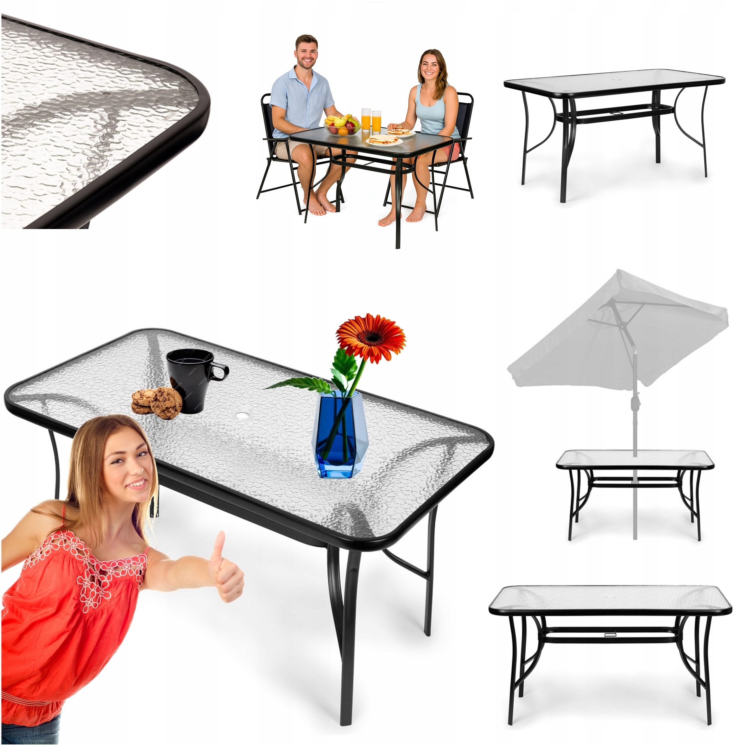 Stolik Stół Ogrodowy Kawowy Balkonowy Szklany Taras Balkon 140X80 CM Czarny