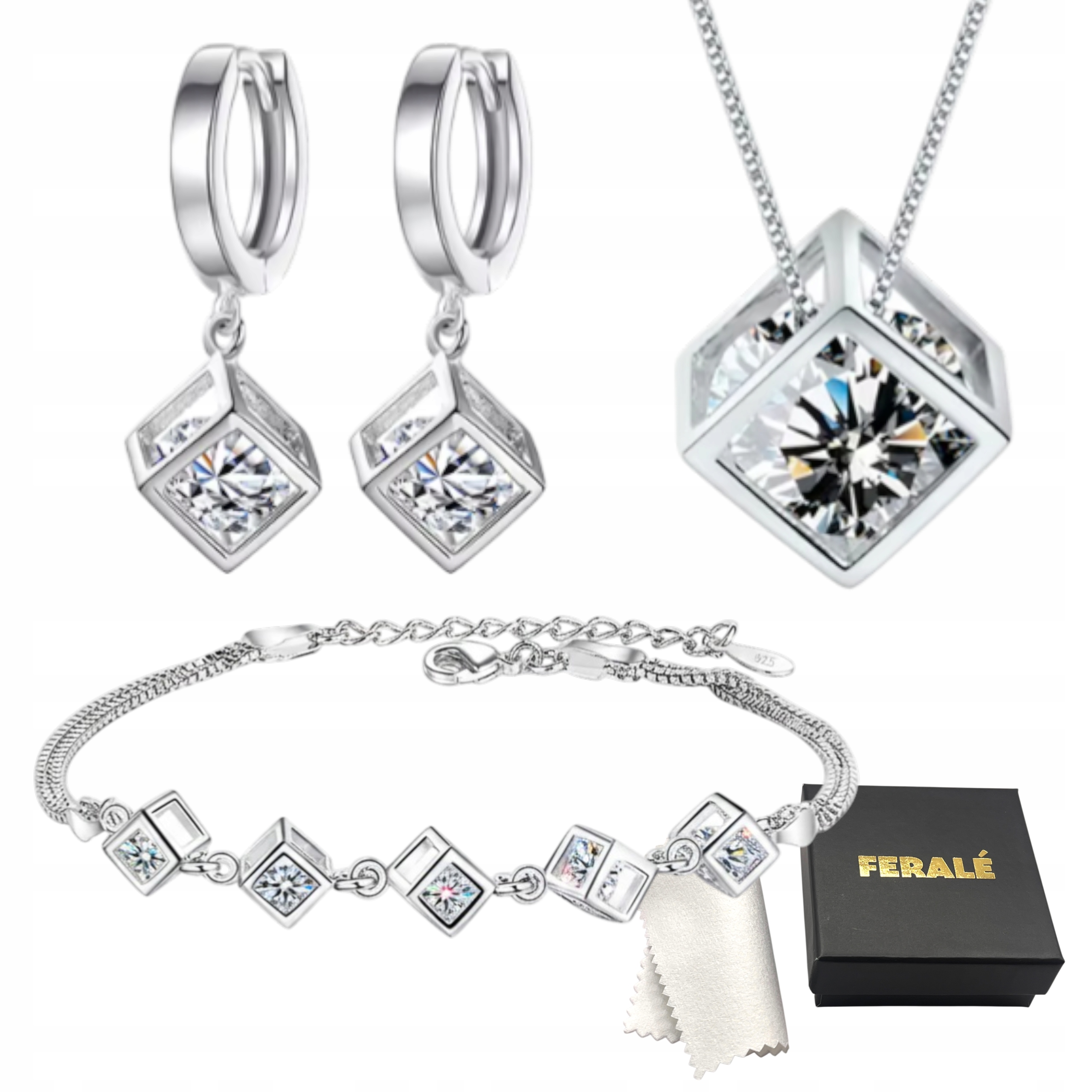 Sada stříbrných šperků S925 Krychle Náušnice Náhrdelník Náramek