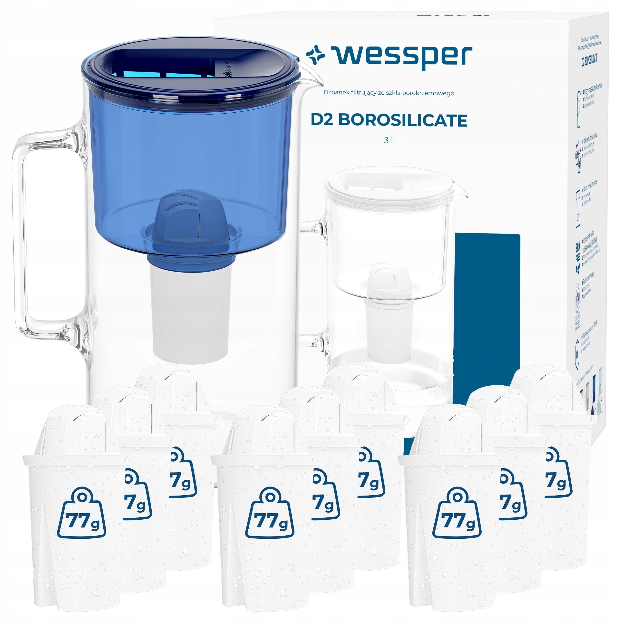 Filtrační konvice Wessper D2 Borosilicate 3 l modrá 10 x vodní filtr