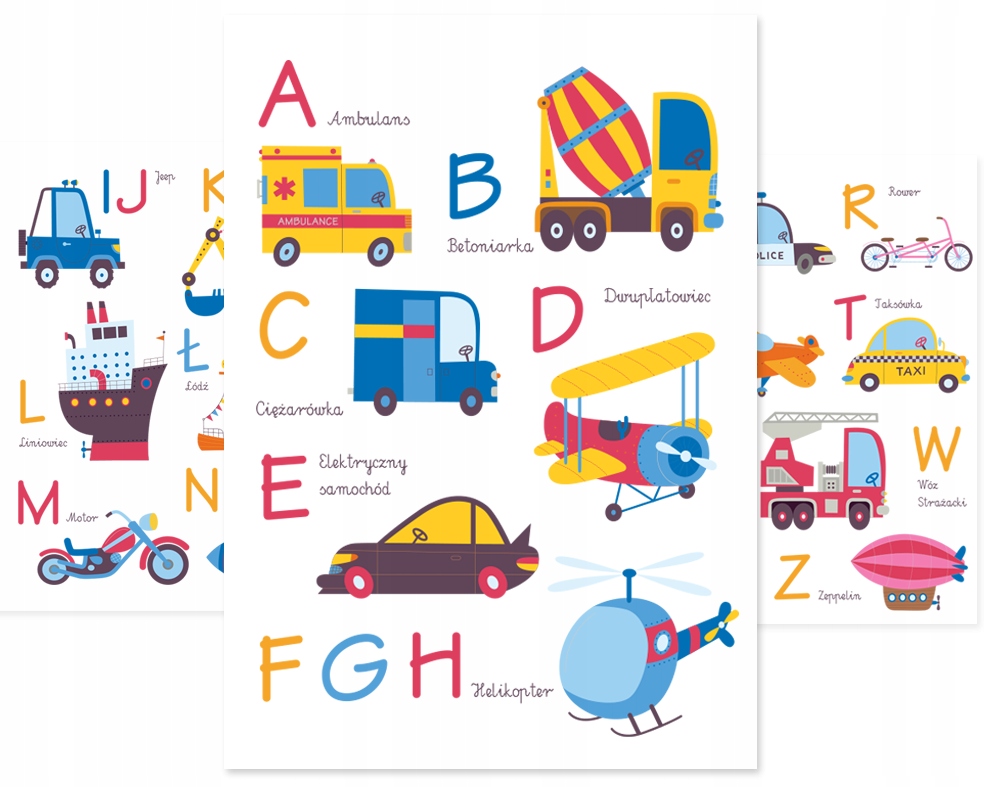 

Alfabet, Plakat Edukacyjny Autka/pojazdy format A4