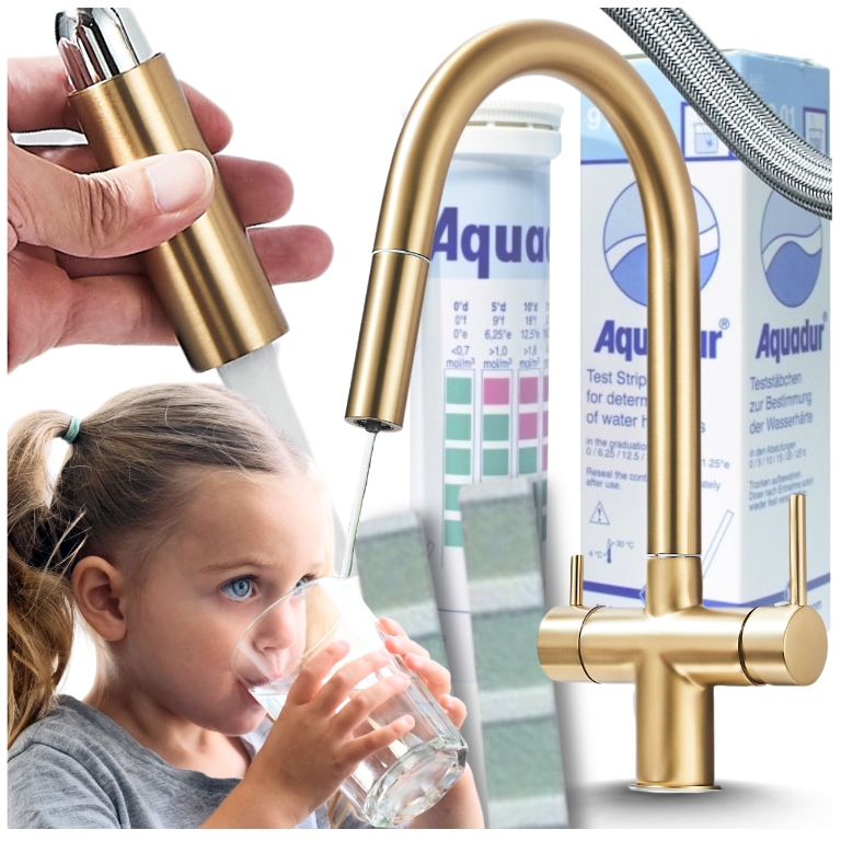 Kuchynská Batéria Zlata Trojcestná s výsuvným výtokom Kran Do Kuchyne filter